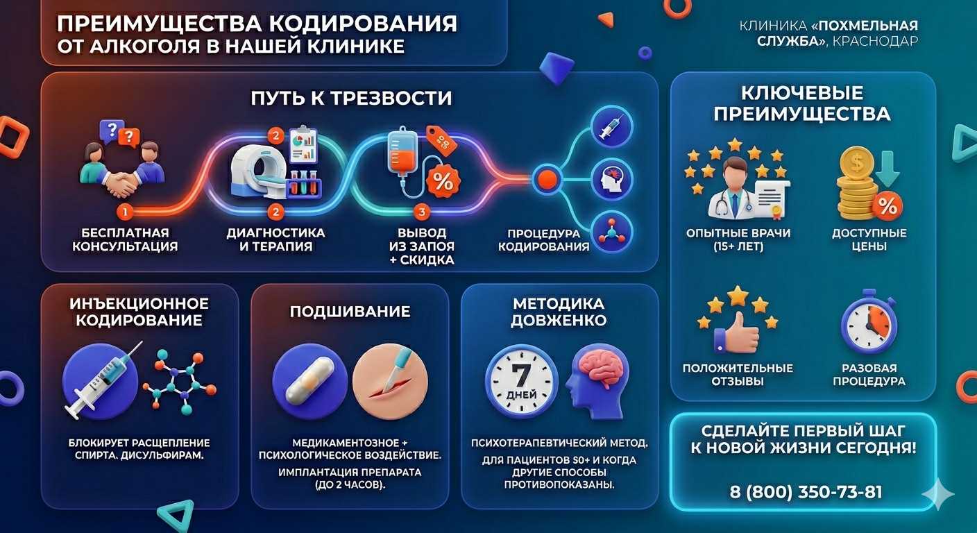 Инфографика о методах кодирования от алкоголя в Каа-Хеме: инъекции, подшивание, метод Довженко. Преимущества клиники и этапы лечения.