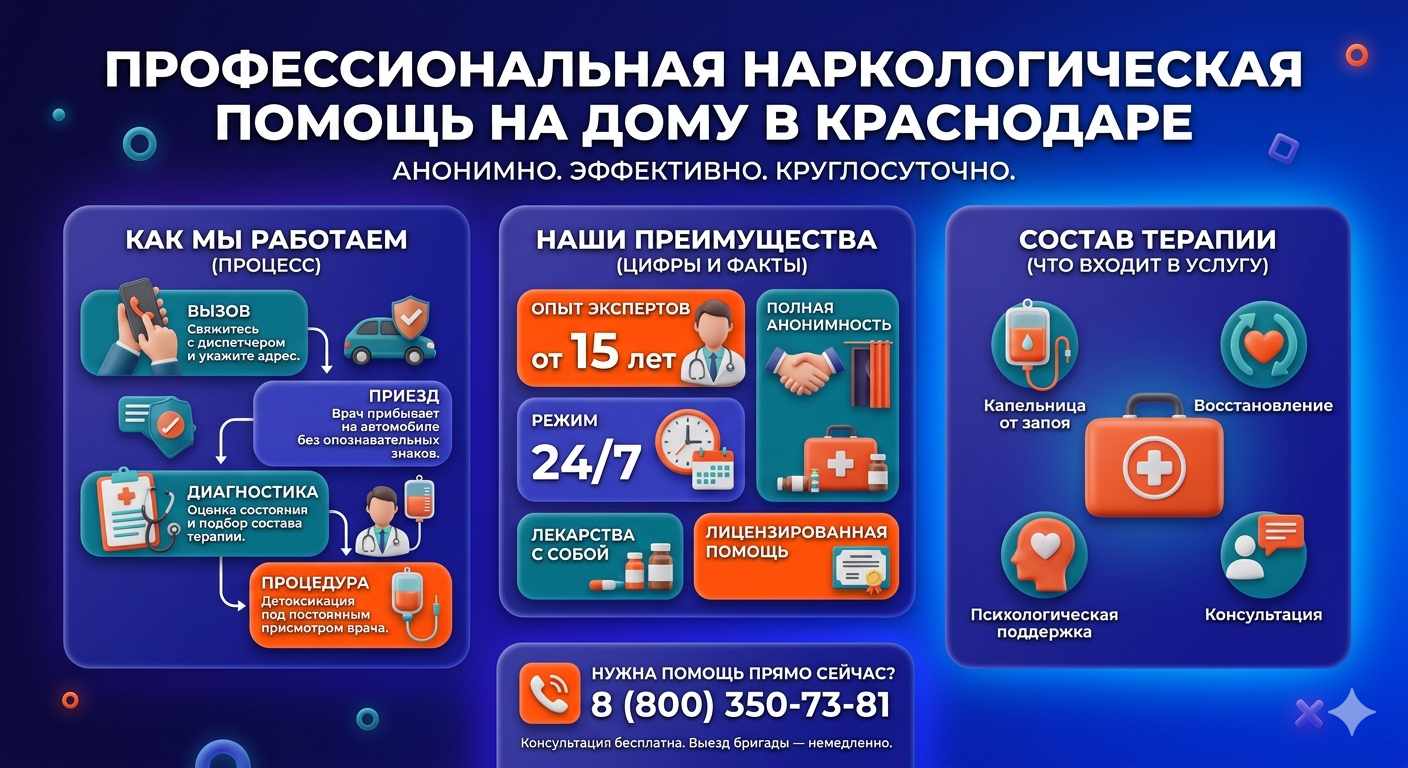 Инфографика о принципах лечения алкоголизма на дому в Каа-Хеме: этапы вызова нарколога, преимущества анонимной детоксикации и состав медицинской помощи.